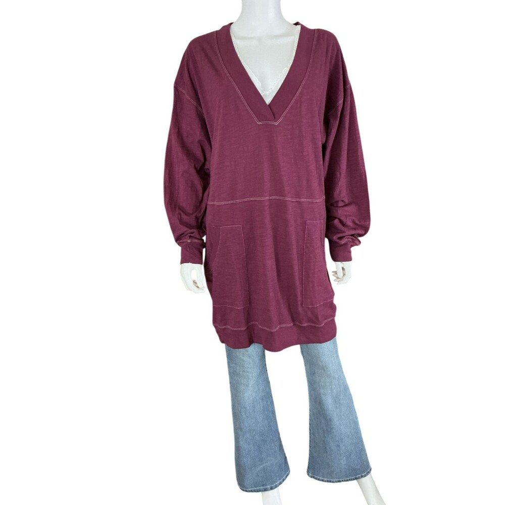 Natural Life Layering Tunic Top M Berry V-Neck Long Sleeve Oversized BOHO Cotton